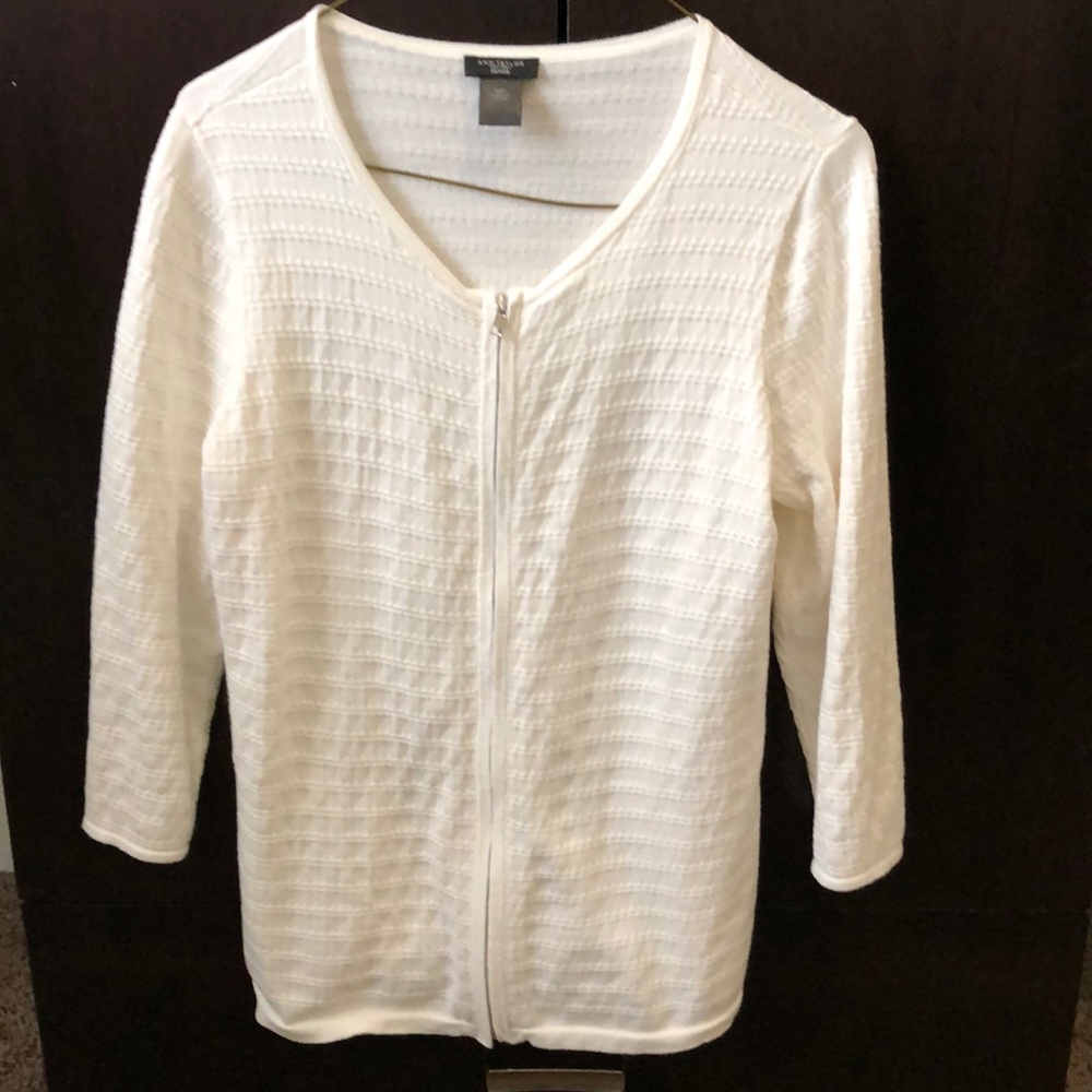 Ann Taylor Factory-White 3/4 Sleeve Zip Cardigan